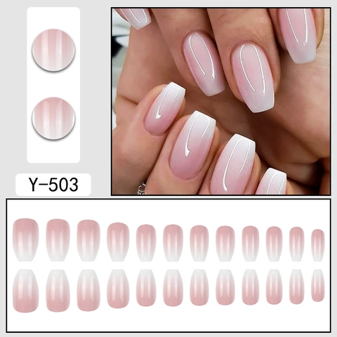 Glossy Ombre Gradient Press On Nails Pink White Coffin Shape Elegant Daily Wear Fake Nails For Women