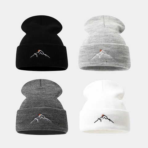Berretto In Maglia Acrilico Ricamo Montagna Al Tramonto Risvolto A Costine Inverno Caldo Sport All Aperto Unisex