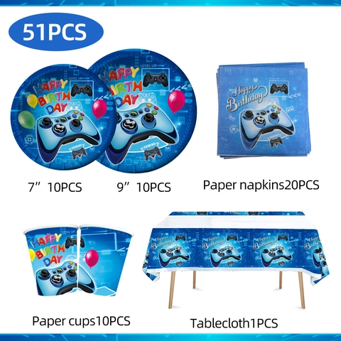 Gaming Birthday Party Supplies Video Game Theme Blue Disposable Paper Plates Napkins Tablecloth Banner Backdrop Decorations For Boys