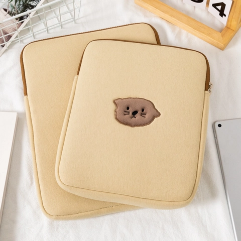 Cute Cartoon Cat Embroidered Laptop Sleeve Polyester Tablet Protective Case Shockproof Notebook Cover Bag For Students
