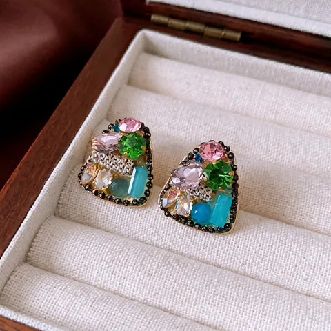 Geometric Triangle Stud Earrings Alloy Colorful Rhinestone Vintage Luxury Style Women With Silver Earring Post