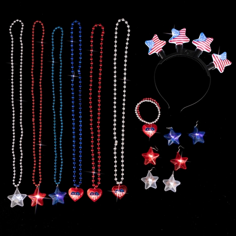 LED Leuchtender Stern Herz Schmuck Patriotische Amerikanische Flagge Zubehör Unabhängigkeitstag Glühende Ohrringe Halskette Armband Stirnband Für Kinder Party
