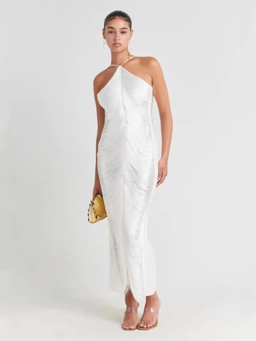 Sexy Halter Tassel Maxi Dress Backless Polyester Solid Color Fringe Evening Party Clubwear Sleeveless For Women
