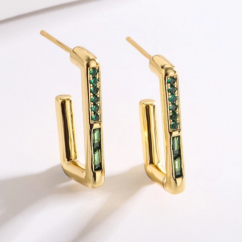 Geometrische Hoop Stud Oorbellen Franse Luxe 18K Verguld Koper Met Kleurrijke Rechthoekige Zirkoon Sieraden Voor Vrouwen