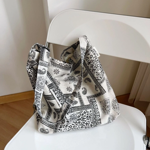 Borsa A Tracolla Vintage In Tela Di Cotone E Lino Con Tracolla Regolabile Stampa Paisley Geometrica Grande Capacità Borsa A Spalla