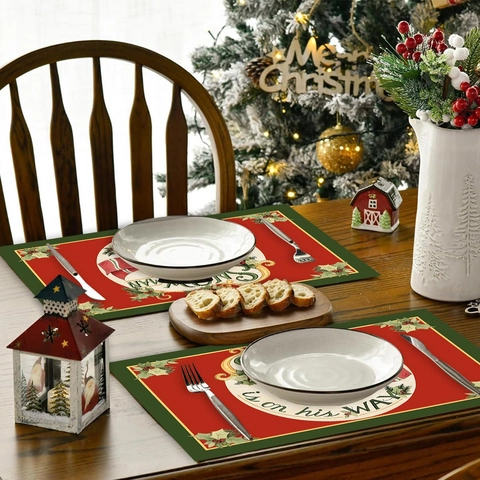 Kerst Sneeuwman Placemat Rood Groen Polyester Hittebestendig Vlekbestendig Vakantie Feest Eettafel Decoratie