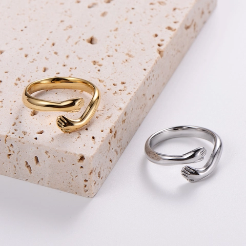 Anello Aperto Mani Che Abbracciano Acciaio Inossidabile 304 Regolabile Gioielli Minimalisti Lucidati Regalo Per Donne