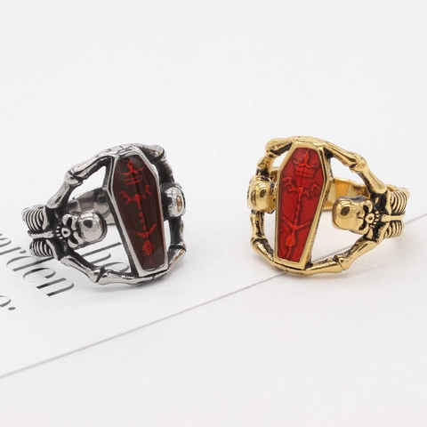 Gotische Schedel Kist Ring Voor Heren Titanium Roestvrij Staal Retro Punk Skelet Sieraden Met Rood Emaille Decor