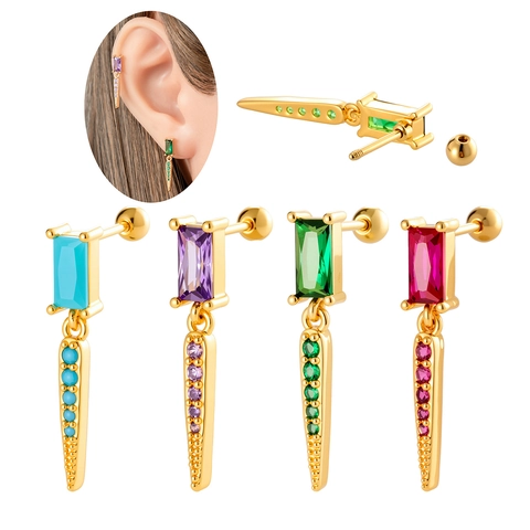 Orecchino Cartilagine In Acciaio Inossidabile Perno Zircone Rettangolo Colorato Ciondolo A Cono Gioielli Piercing Geometrici