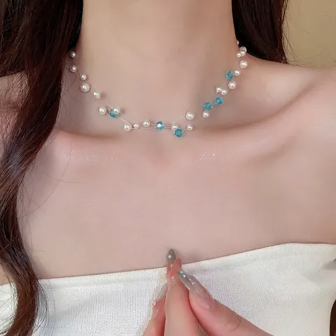 Mehrlagige Schwebende Künstliche Perlenkette Mit Imitationsperlen Und Blauen Glaskristallen Transparente Unsichtbare Schnur Eleganter Schmuck