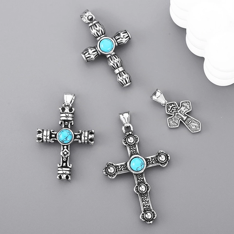 Vintage Cross Pendant Necklace Stainless Steel With Inlaid Turquoise Gothic Religious Street Style Jewelry