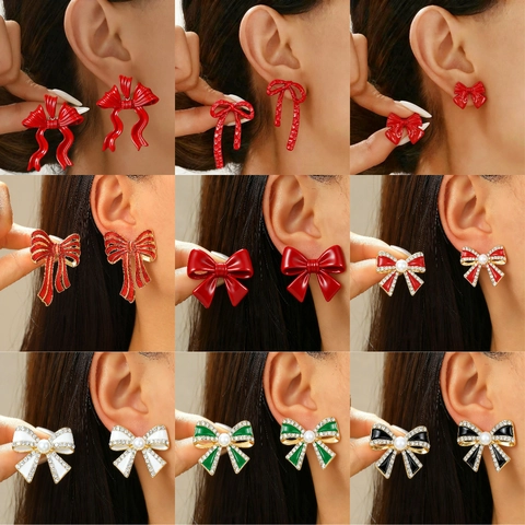 Pendientes de Botón de Lazo Vintage para Mujer Aleación Esmalte Strass Perla Artificial de Imitación Elegancia Francesa Joyería de Moda Regalo