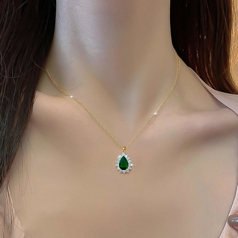 Collana Con Pendente A Goccia Verde Smeraldo Catena In Acciaio Al Titanio Rame Strass Gioielli Eleganti Vintage