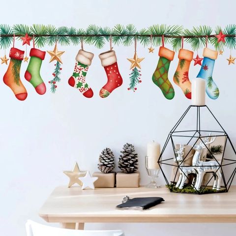 Christmas Stocking Wall Stickers PVC Waterproof Pine Branch Bell Decals For Holiday Home Decoration