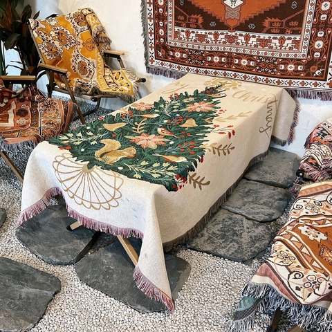 Christmas Woven Throw Blanket Cotton Jacquard With Tassels Festive Pattern Multi-functional Sofa Bed Camping Tapestry