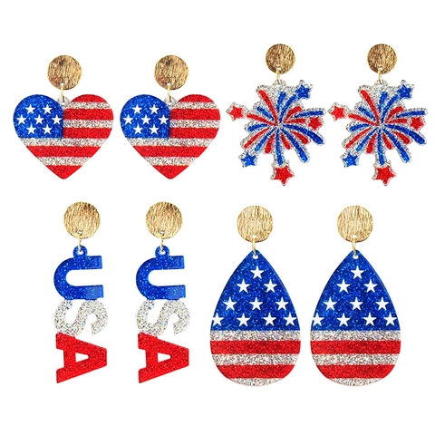 US Flagge Patriotische Unabhängigkeitstag Ohrringe Glitzer Acryl Feuerwerk Herz USA Brief Schmuck Für Frauen Feier