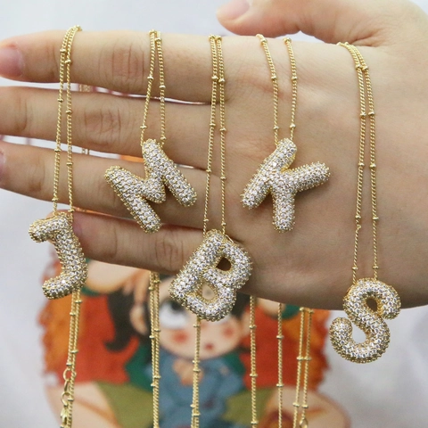 Fashion Copper Bubble Alphabet Pendant Necklace For Women Personalized Rhinestone Initial A-Z Letter Jewelry Gold Silver Plated Necklace