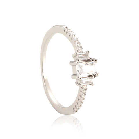 Emerald Cut Zircon 925 Sterling Silver Ring Rectangular Clear Stone Three Stone Pave Band For Women Engagement