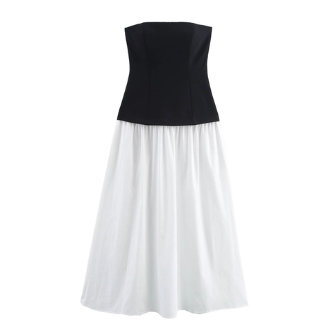 Women Elegant Color-Block Bandeau Midi Dress Strapless High Waist Polyester Minimalist Workplace Sleeveless Skirt