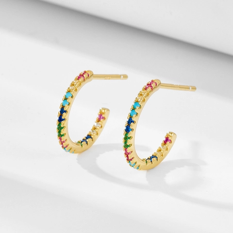 925 Sterling Silver C Shaped Hoop Earrings For Women Rainbow Zirconia Gold Plated Geometric Fashion Minimalist Jewelry Gift