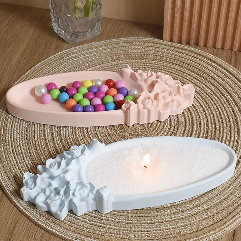 Silikonform Geprägt Blumen Oval Tablett Rose DIY Harz Gips Kerzenhalter Schmuckteller Wohndekor