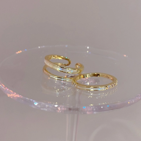 Double Layer Open Ring And Thin Zircon Ring Gold Plated Alloy With Enamel Inlay Elegant Jewelry For Women