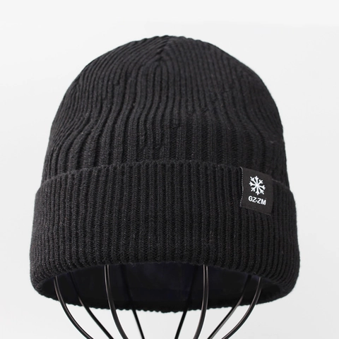 Bonnet En Tricot D'Hiver Pour Hommes Mélange Laine Acrylique Doublé Polaire Épais Chaud Revers Patch Flocon De Neige Extérieur