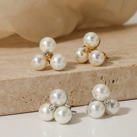 Stainless Steel Artificial Pearl Cluster Stud Earrings With Rhinestone Flower Shape Elegant Minimalist Jewelry For Women