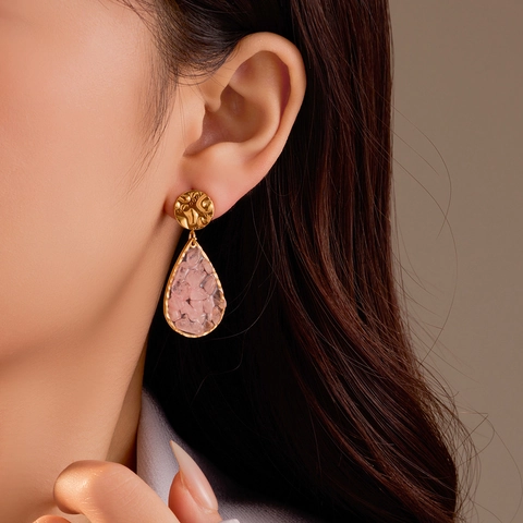 Orecchini a Goccia in Acciaio Inossidabile con Pietra Naturale Vintage da Donna Placcati in Oro con Trama Martellata Gioielli