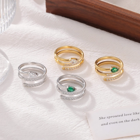 Snake Multi Layer Spiral Ring Titanstahl Birnenform Zirkonia Wassertropfen Stein Verstellbarer Modeschmuck Für Damen