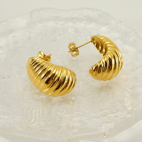 Chunky Croissant Oorknopjes Voor Dames Roestvrij Staal Verguld Geribbeld Spiraal Textuur Geometrische Vintage Sieraden