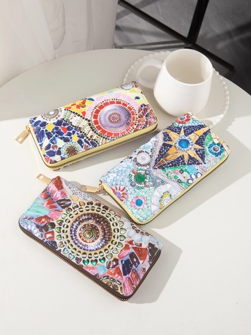 Portefeuille Long En Cuir PU Imprimé Mosaïque Ethnique Boho Fermeture Éclair Grande Capacité Multi Emplacements Pour Cartes Pochette Femme