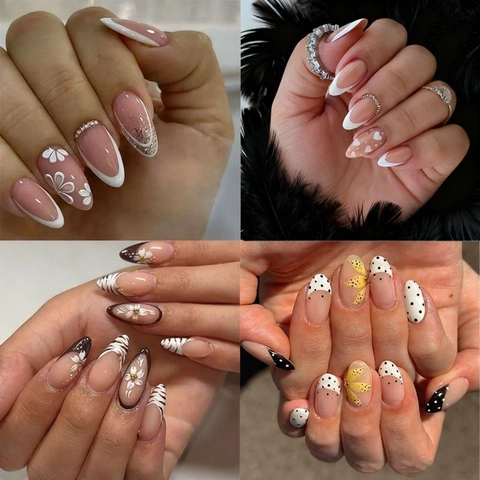 Long Almond Plastic Press On Nails French Flower Heart Pattern Glossy 3D Rhinestone Decorative Artificial Finger Tips For Women