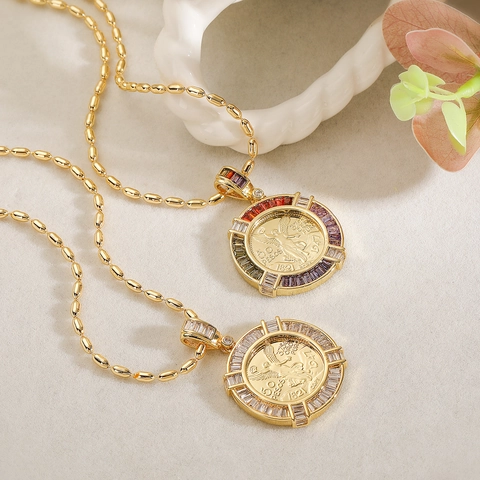 18K Vergoldetes Kupfer Mexikanische 50 Pesos Münze Anhänger Halskette Für Damen Vintage Zirkonia Eingelegt Medaillon Schmuck Geschenk