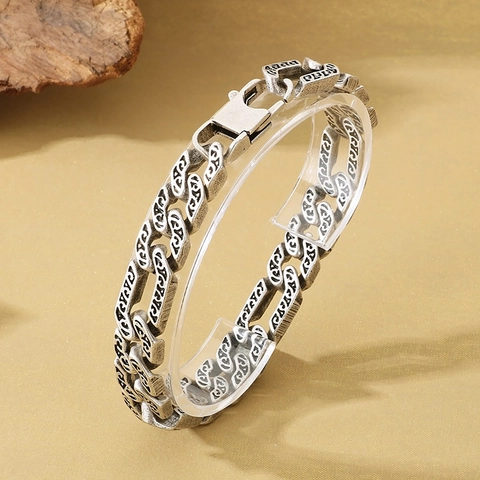 Pulsera De Cadena Cubana Grabada Retro Para Hombre De Acero Inoxidable Patrón Tribal Gótico Joyería Con Cierre De Langosta