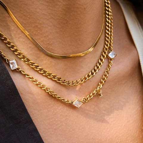 18K Gold Plated Stainless Steel Necklace Rectangular Cubic Zirconia Cuban Chain French Retro Waterproof Hypoallergenic
