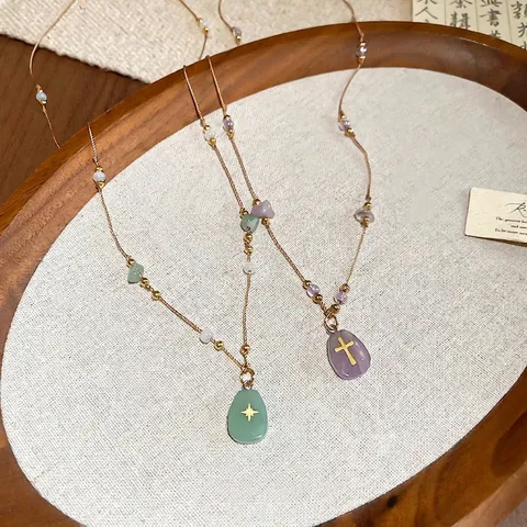 Star Cross Stone Pendant Retro Hand Woven Rope Necklace With Copper Beaded Accents For Women