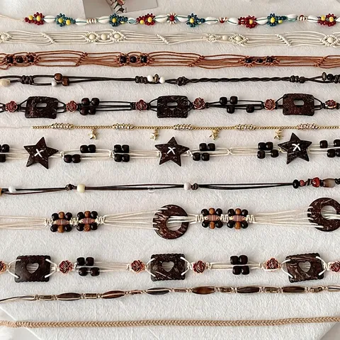 Bohemian Woven Waist Chain Belt Wood Beads Shell Coconut Shell Handcrafted Ethnic Style Accessory For Dresses Women