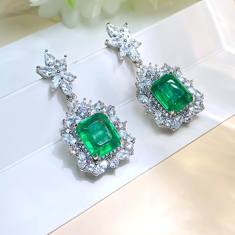 Emerald Cut Green Zircon Drop Earrings Copper Vintage Royal Style Women Formal Party Luxury Dangle Jewelry