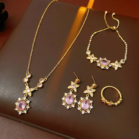 Vintage Pink Gemstone Oval Jewelry Copper Gold Plated Zirconia Necklace Bracelet Earrings Ring Silver Earring Post
