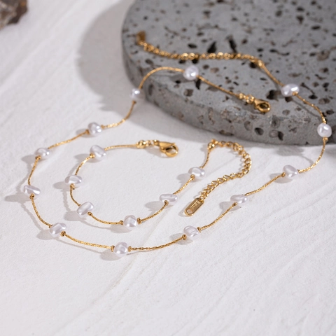 Bracciale E Collana in Acciaio Inossidabile Placcato Oro Con Perle Artificiali per Donna Gioielli di Moda con Perle Barocche Irregolari