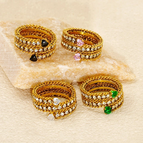 Heart Shaped Zircon Ring 18K Gold Plated Stainless Steel Multi Layer Woven Chain Fashion Jewelry For Women
