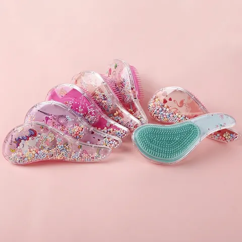 Detangling Hair Brush Transparent Massage Comb Cute Cartoon Unicorn Glitter Shaker For Girls Women Anti Knot Scalp Care