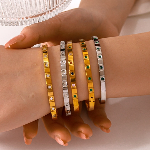 Brazalete Cuadrícula Geométrica Acero Inoxidable Chapado Oro 18K Circonita Colores Joyería Minimalista Mujer Pulsera Apilable