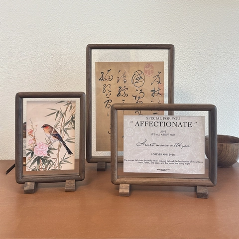 Cadre Photo Magnétique Double Face En Bois De Noyer Massif Support D'affichage Flottant Avec Base De Bureau Tenon