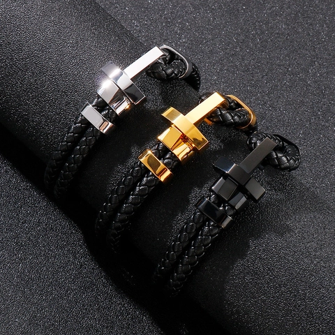 Braided Leather Bracelet With Stainless Steel Magnetic Clasp Cross Anchor Charm Punk Fashion For Men