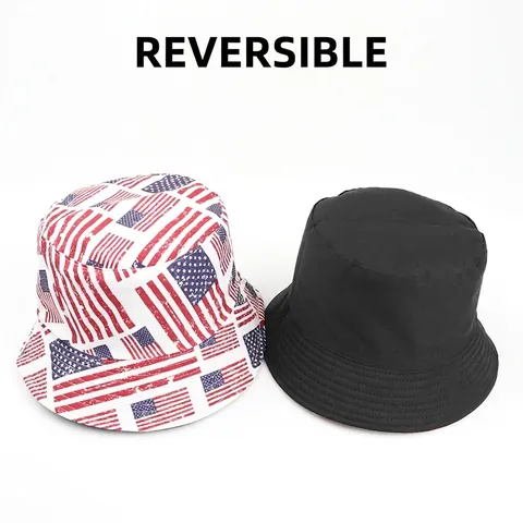 Bucket Hat Cotton Polyester Reversible American Flag Print Stars Stripes Sun Protection Summer Outdoor Vintage Style Unisex