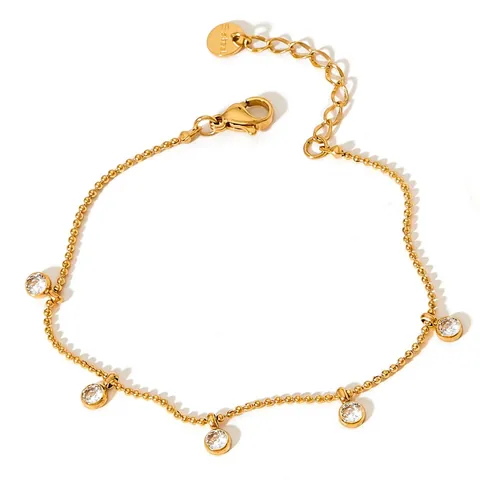 Stainless Steel Bracelet Colorful Round Cubic Zirconia Pendants Dainty Bead Chain Korean Style Minimalist Jewelry Women
