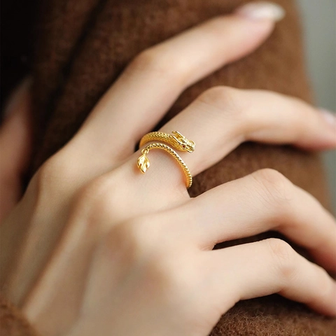 Anillo Abierto de Dragón y Serpiente Vintage para Mujer Ajustable de Cobre con Strass Joyería con Forma de Animal Diseño de Nicho