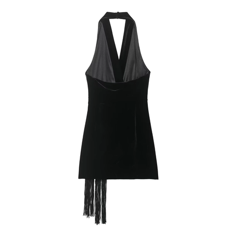 Vestido Mini De Terciopelo Halter Con Flecos Tassel Espalda Descubierta Bodycon Party Clubwear Para Mujeres Sexy Sin Mangas Wrap